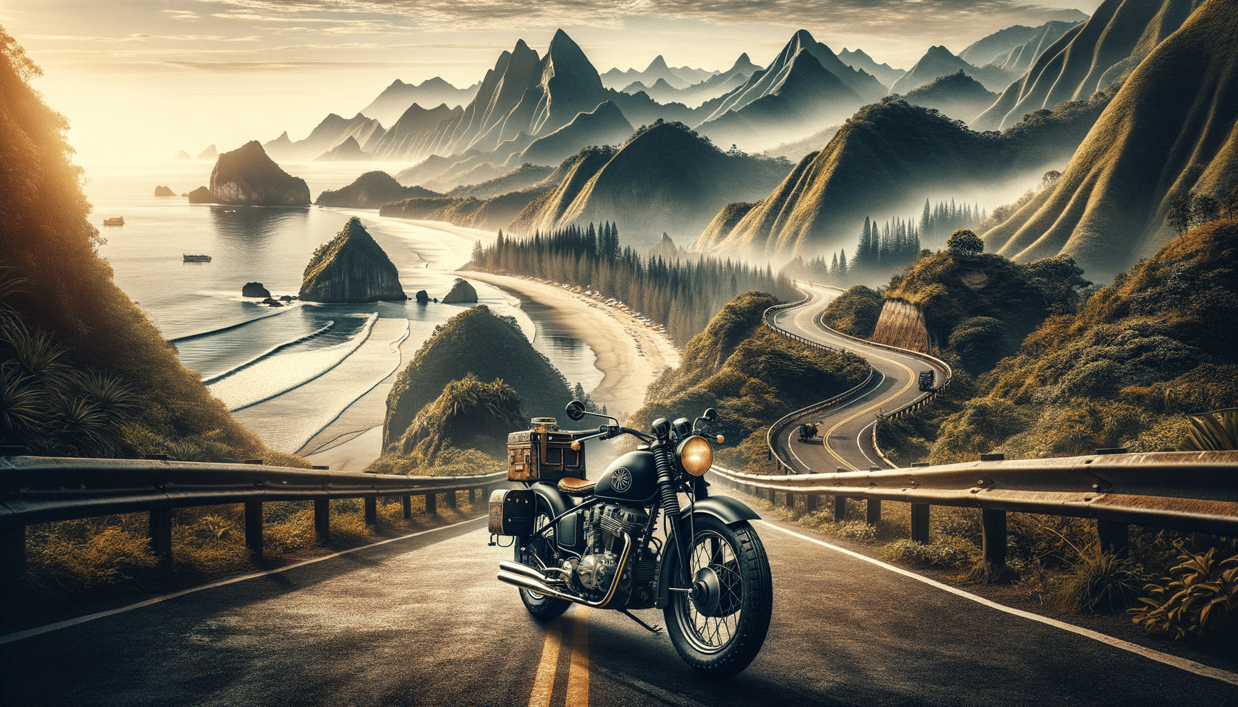 Une moto classique garée sur le bord d'une route sinueuse avec vue sur un paysage pittoresque composé de collines verdoyantes, de pics montagneux et d'une plage sableuse en contrebas. Le soleil se lève (ou se couche) à l'horizon, illuminant la scène d'une lumière douce, et une autre moto est visible au loin sur la route. Quelles sont les destinations incontournables à moto ?