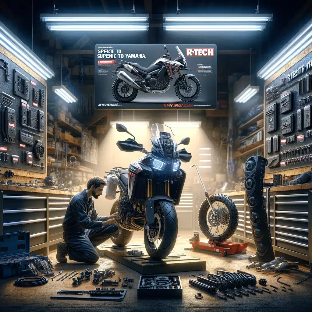 Atelier de moto réaliste et détaillé avec un technicien en train de travailler sur une moto Yamaha Tenere, entouré d'outils et de pièces détachées, éclairé par des lumières vives.