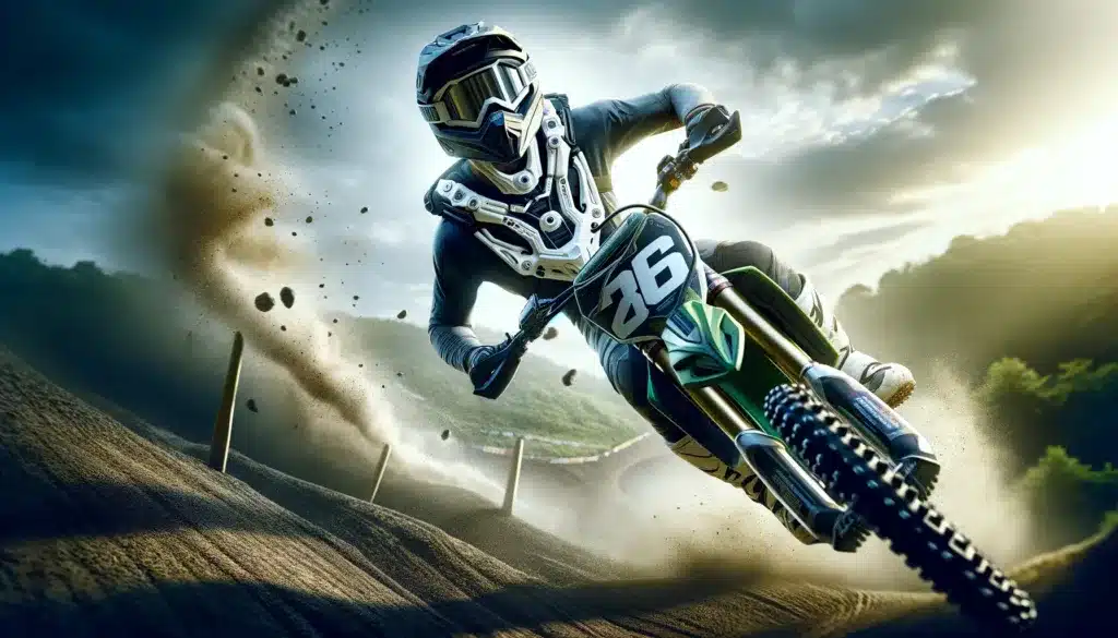 Un coureur de motocross vêtu d'une combinaison grise et bleue exécute une manœuvre dynamique sur un terrain vallonné, soulevant un nuage de poussière. Il porte un équipement de protection avancé avec une minerve technologique, illustrant l'intensité et le réalisme du sport.