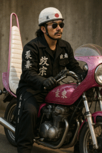 <img src="image1.jpg" alt="Motard japonais Bosozoku sur une moto rose customisée, portant un casque blanc avec un bandeau hachimaki, des lunettes noires et un uniforme Tokkō-fuku noir brodé de kanji." />
