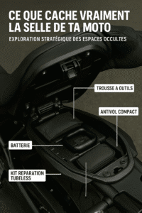 Contenu du compartiment sous la selle d’une moto avec trousse à outils, antivol compact, batterie et kit de réparation tubeless bien organisés