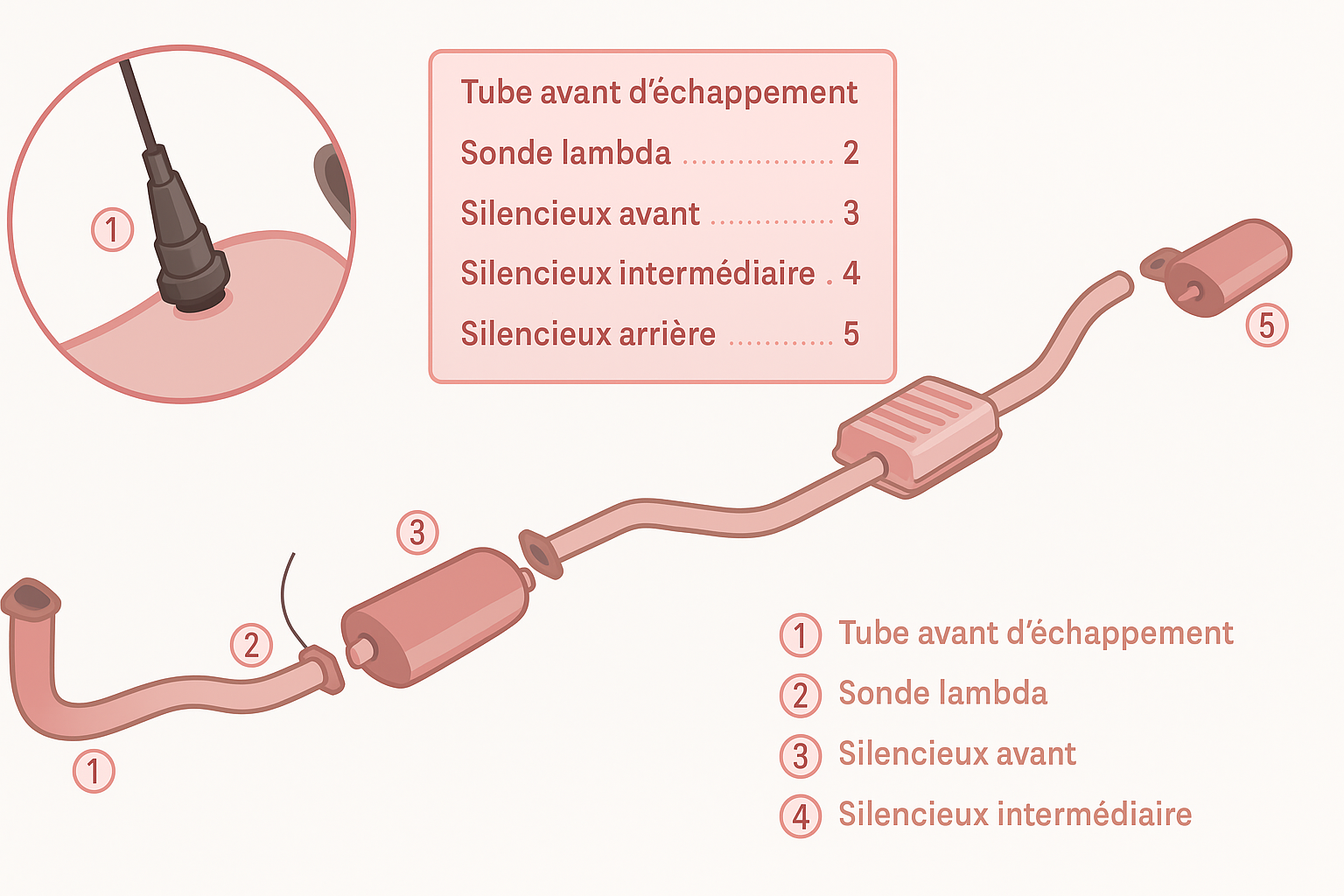 Schéma détaillé du système d'échappement d'une voiture montrant tous les composants principaux, y compris le silencieux, le convertisseur catalytique et les capteurs.