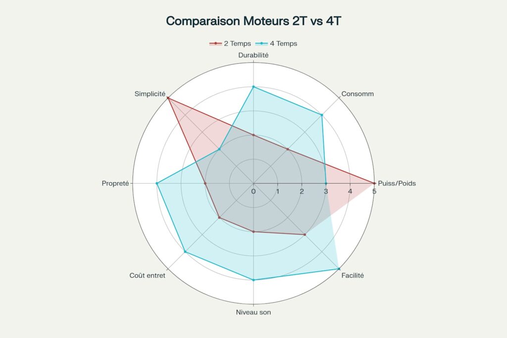 Comparaison radar des caractéristiques techniques entre moteurs 2 temps et 4 temps pour motos