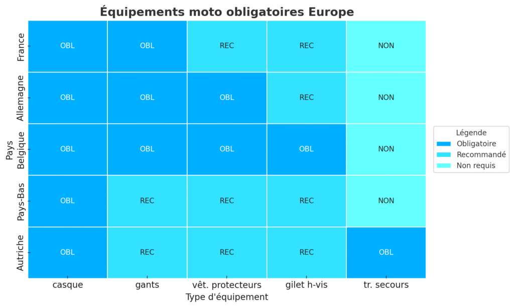Comparaison des équipements moto obligatoires par pays - Réglementation internationale