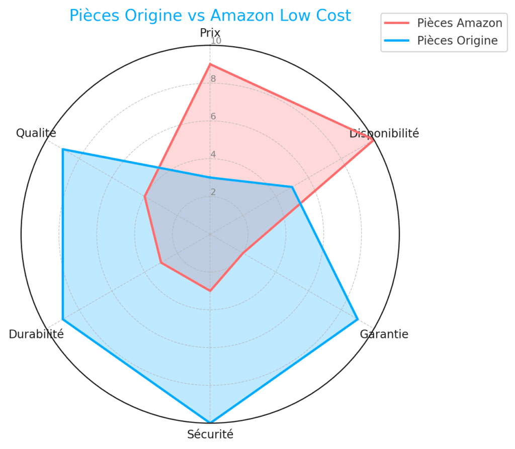 Comparaison directe entre les pièces d’origine et les pièces low cost Amazon selon 6 critères clés : la sécurité, la durabilité et la garantie sont les points noirs des produits Amazon.