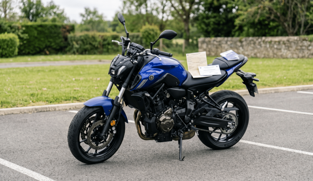 moto parfaitement propre photographiée sous lumière naturelle dans un cadre neutre (parking propre ou gazon), documents posés sur la selle