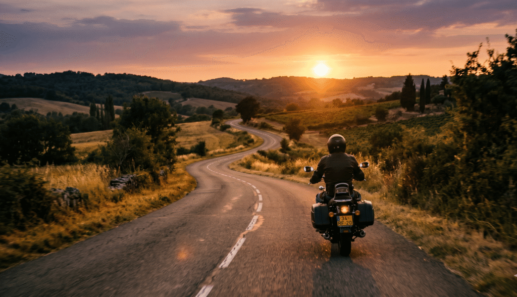 motard seul sur une route de campagne au crépuscule, vue de dos, lumière dorée, ambiance méditative