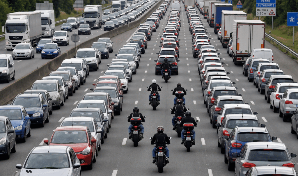 moto en circulation inter-files sur autoroute, vue de haut ou de derrière, bouchon visible