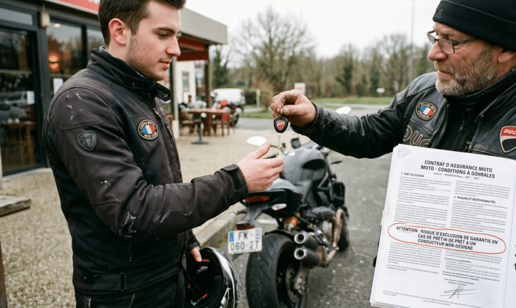 deux motards se passant les clés d'une moto, illustrant le prêt de guidon et ses risques assurantiels