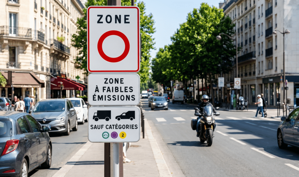 panneau ZFE en milieu urbain avec une moto en arrière-plan