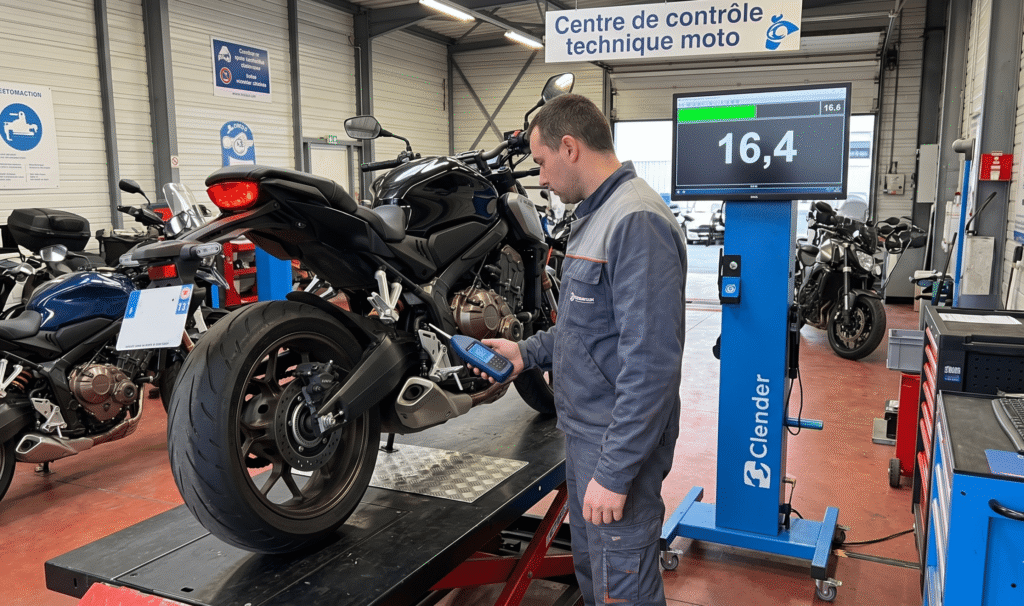 centre de contrôle technique moto, sonomètre en cours d'utilisation sur une moto
