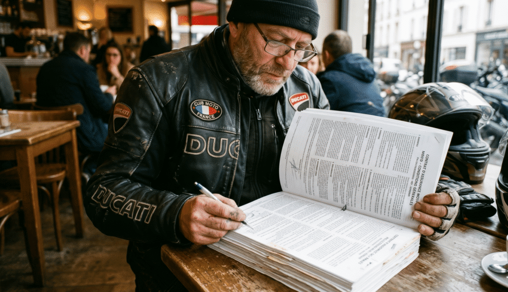 motard lisant un contrat d'assurance épais, ou gros plan sur des conditions générales en petits caractères