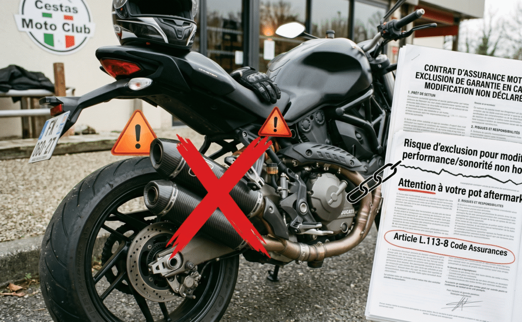 moto avec pot aftermarket visible, soulignant le lien entre modification et risque d'exclusion assurantielle