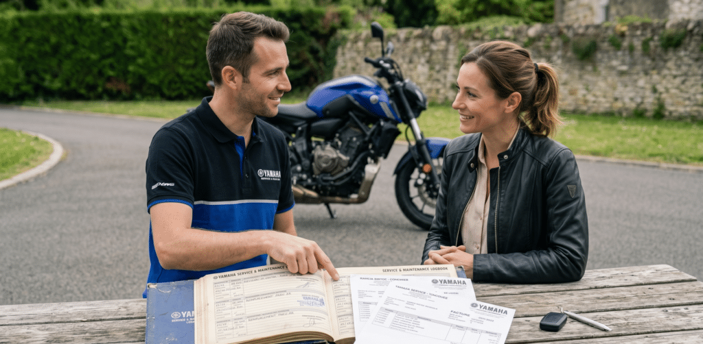 vendeur et acheteur devant la moto, carnet d'entretien ouvert, échange cordial et professionnel