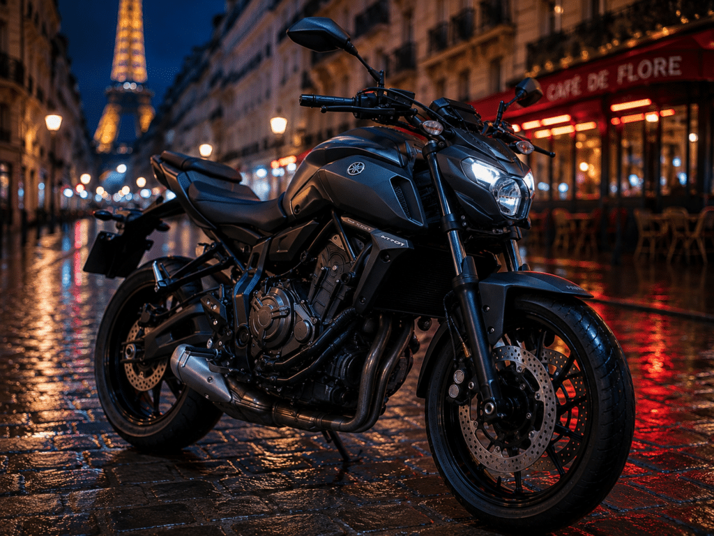 photorealistic, Yamaha MT-07 in urban dark grey parked on a Paris street at blue hour, city lights blurred in background, wet cobblestones reflecting neon lights, close-up on motorcycle from three-quarter front angle, cinematic street photography style, no rider, no watermark