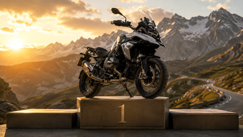 photorealistic, BMW R1300GS in black and white parked prominently at number one position on a podium with subtle "1" marking, French Alps mountain road in background, dramatic golden hour lighting, hero shot from low angle, premium trophy atmosphere, no rider, no watermark