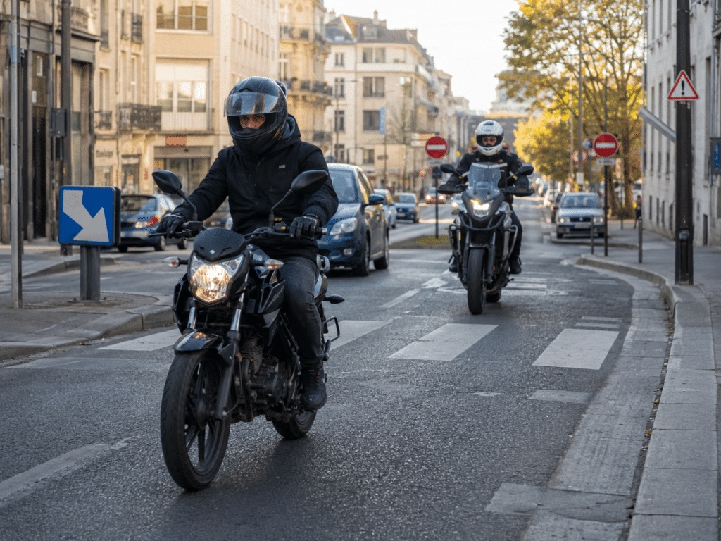 photorealistic, motorcycle safety gear laid out flat on a white background in an organized flat lay composition, full-face helmet, gloves, textile jacket with CE armor inserts visible, ankle boots, all in matte black with subtle protective details, clean product photography style, no watermark