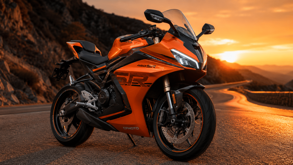 photorealistic, CFMoto 450SR sport motorcycle in vibrant orange, parked on a twisty mountain road at sunset, aggressive sporty design visible, MotoGP-inspired dual LED headlight, low angle shot from front-side, dramatic golden light, no rider, no watermark