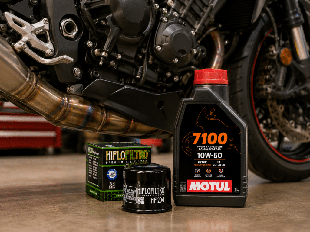 photorealistic, close-up of sport motorcycle engine and exhaust pipe, Motul oil bottle and HifloFiltro oil filter placed next to the motorcycle on a clean workshop floor, warm workshop lighting, mechanical aesthetic, premium maintenance products visible, no text, no watermark