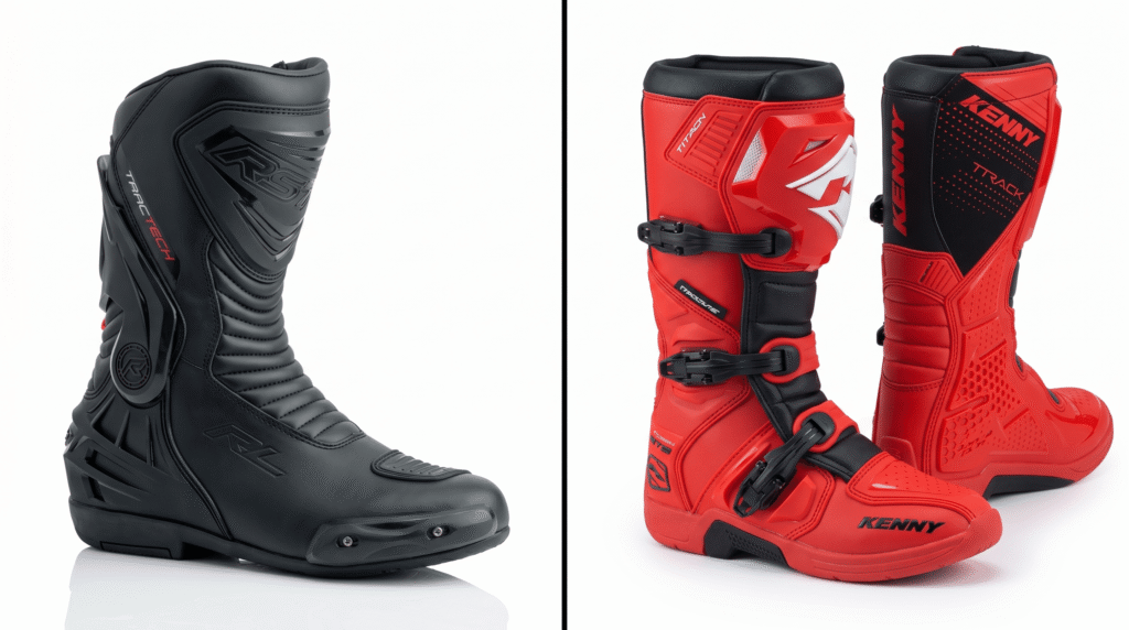 photorealistic, split product comparison shot, left side showing a sleek black RST TracTech waterproof touring motorcycle boot on white background, right side showing a Kenny T2 Track motocross boot in red and black on same white background, both boots standing upright, clean studio lighting, product photography style, no text, no watermark