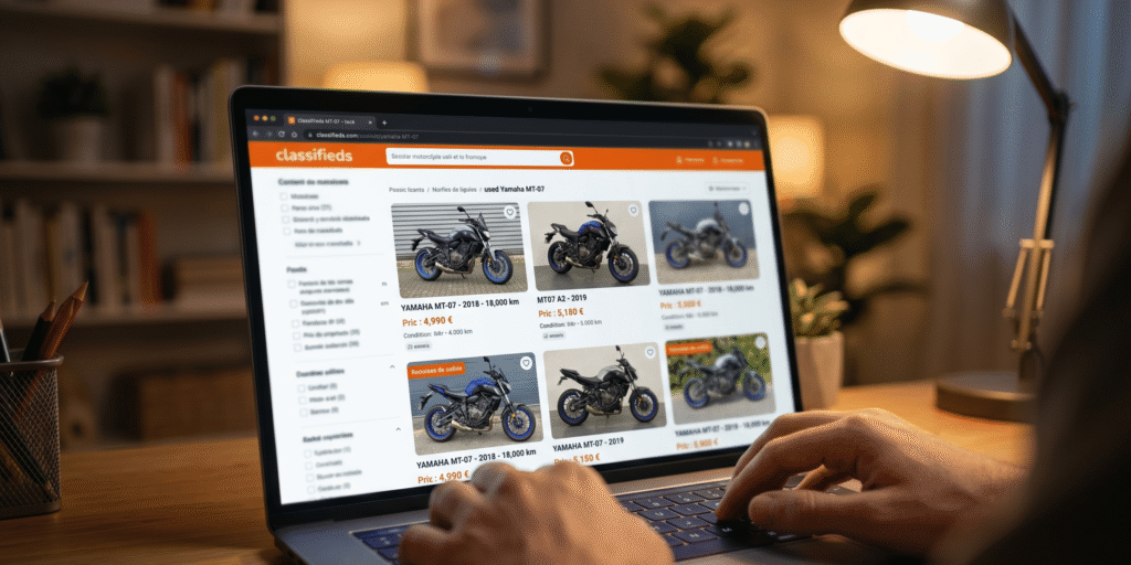 photorealistic, used motorcycle classified ads on a laptop screen showing Yamaha MT-07 listings with prices around 5000 euros, partially blurred screen details, person's hands on keyboard, warm home office lighting, shallow depth of field, realistic and relatable, no watermark