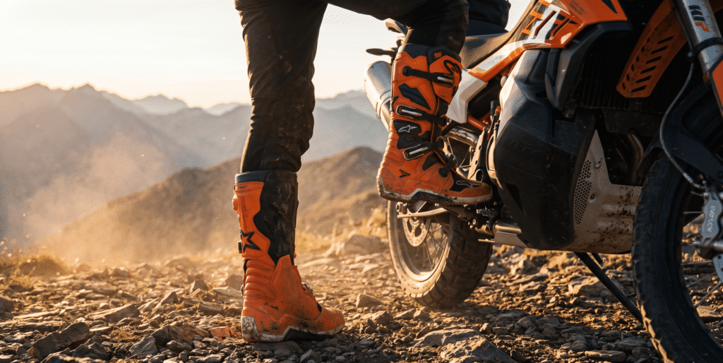 photorealistic, adventure motorcycle rider wearing Alpinestars Tech 7 Enduro orange and black boots, standing next to a KTM adventure bike on a rocky mountain trail, close-up on boots and lower legs, golden hour lighting, dust particles visible, cinematic atmosphere, no watermark