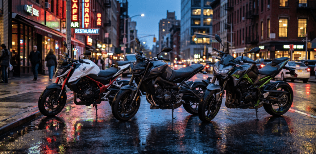 photorealistic, three motorcycles parked in a row on a wet urban street at dusk, Yamaha MT-09 dark grey center, Honda CB750 Hornet pearl white left, Kawasaki Z900 metallic green right, city lights reflected on wet asphalt, cinematic atmosphere, no riders, no watermark