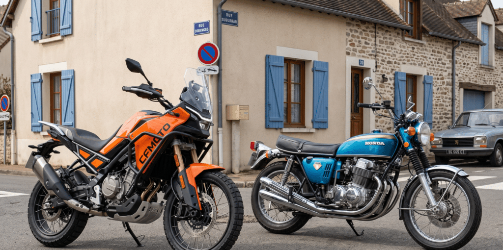 photorealistic, CFMoto 450MT adventure motorcycle in orange and black parked next to a traditional Honda roadster, both on a French suburban street, symbolizing the disruption of Chinese brands in the French market, natural daylight, no riders, no watermar