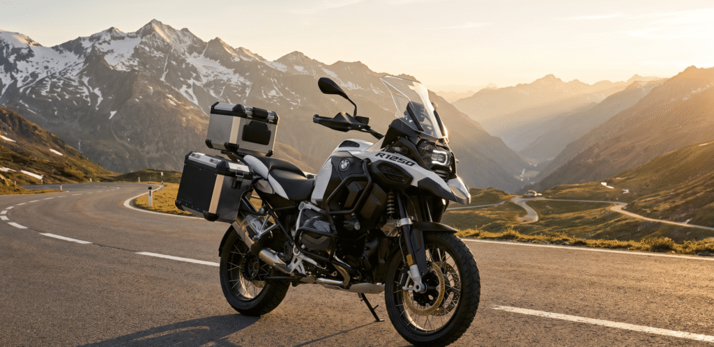 photorealistic, BMW R1250GS Adventure in black and white parked on a scenic mountain road, vast alpine landscape in background, late afternoon golden light, hero angle from front-low, premium travel atmosphere, no rider, no watermark