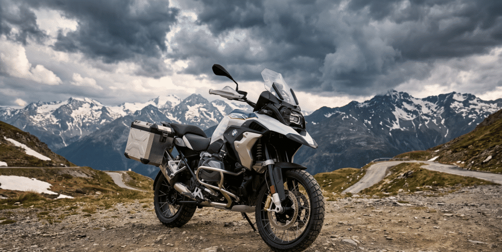 photorealistic, adventure motorcycle BMW R1250GS in alpine white parked on a high mountain pass with dramatic storm clouds, distant snow-capped peaks visible, hero shot from low angle, epic adventure atmosphere, cinematic color grading, no rider, no watermark