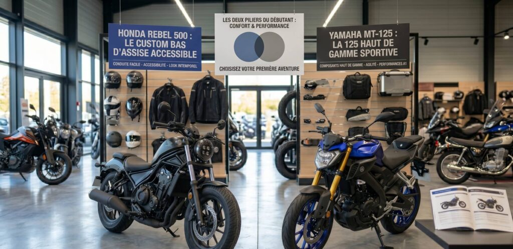 Honda Rebel 500 et Yamaha MT-125 côte à côte, illustrant custom basse selle et 125 haut de gamme