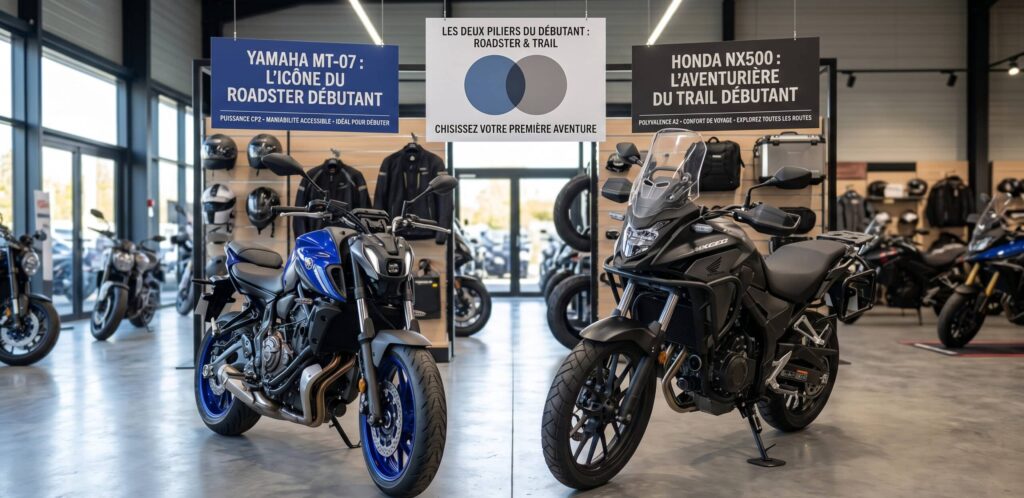 Yamaha MT-07 et Honda NX500 côte à côte, symboles des deux catégories phares débutant (roadster + trail)