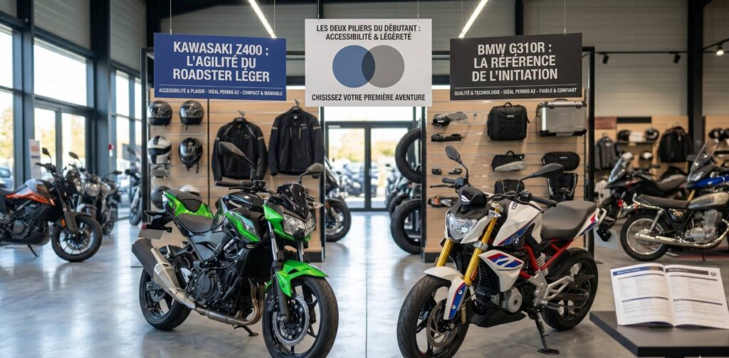 Z400 et BMW G310R en statique, pour illustrer la catégorie roadsters légers accessibles