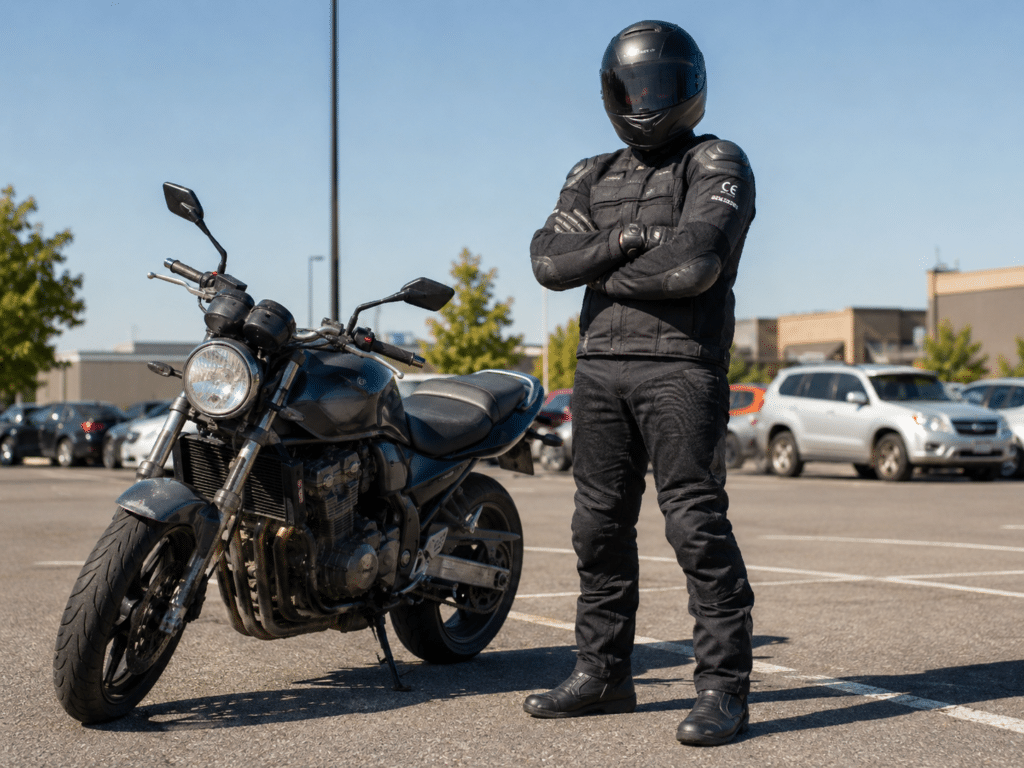 photorealistic, young adult beginner motorcyclist in full safety gear (helmet, jacket, gloves, pants, boots) standing proudly next to a used motorcycle