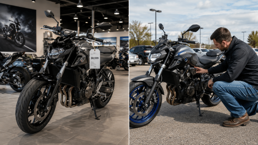 photorealistic, split image comparing a brand new motorcycle in a dealership