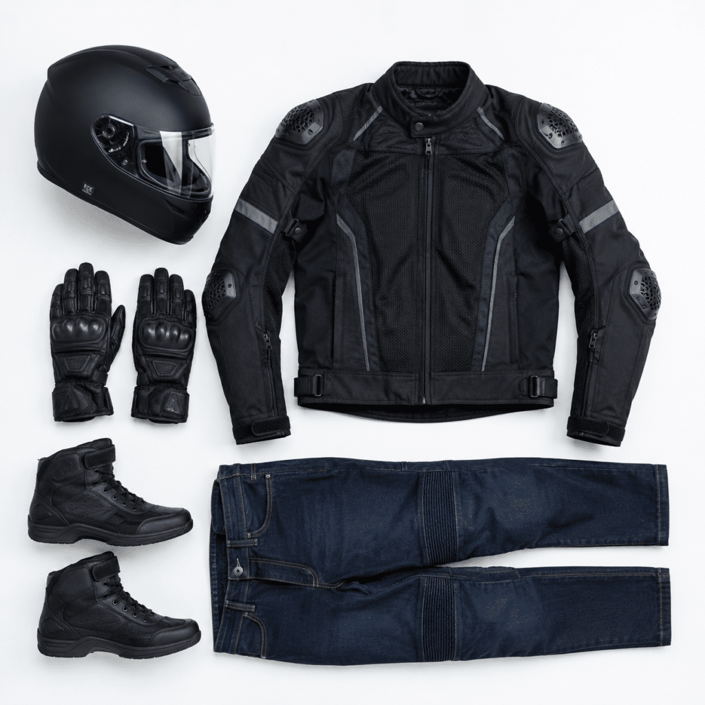 of complete beginner motorcycle safety equipment: full-face helmet, textile jacket with visible CE protectors, riding gloves, reinforced jeans, ankle boots