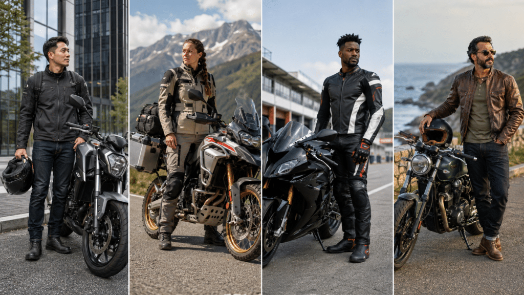 photorealistic, four distinct adult riders representing different motorcycle