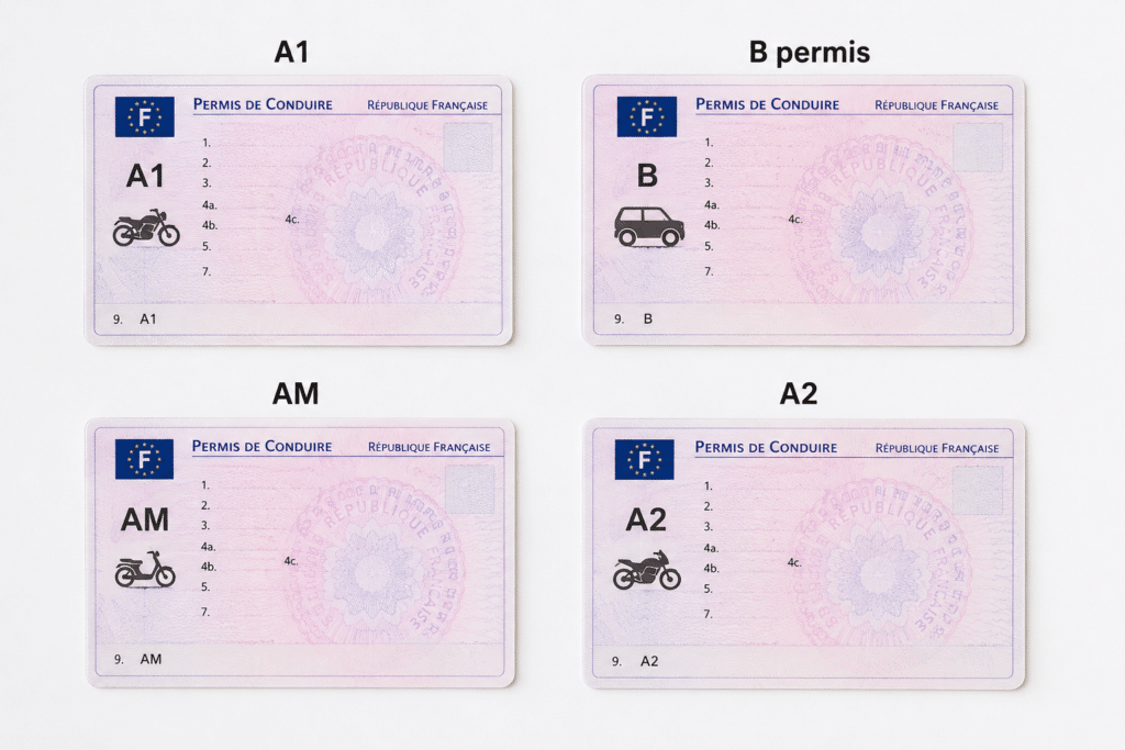 documents representing A1, B permis, AM and A2 licenses arranged