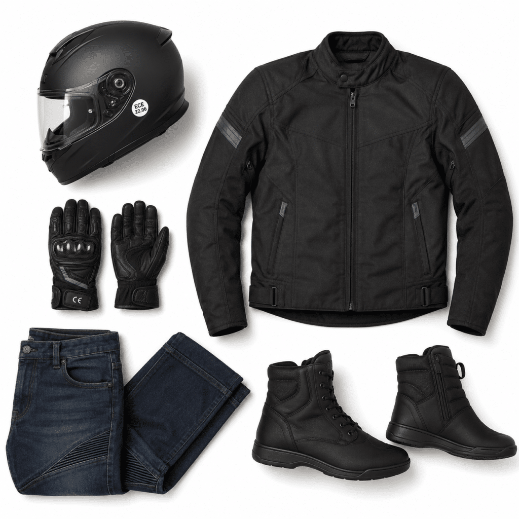 clean product flat lay of complete beginner motorcycle safety equipment on white background