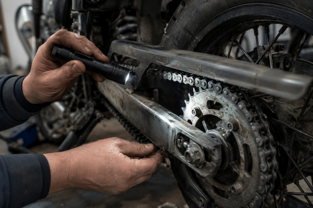 close-up of a used motorcycle being carefully
