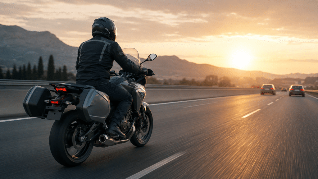 Yamaha Tracer 7 GT in dark grey with windshield and side panels on a French highway