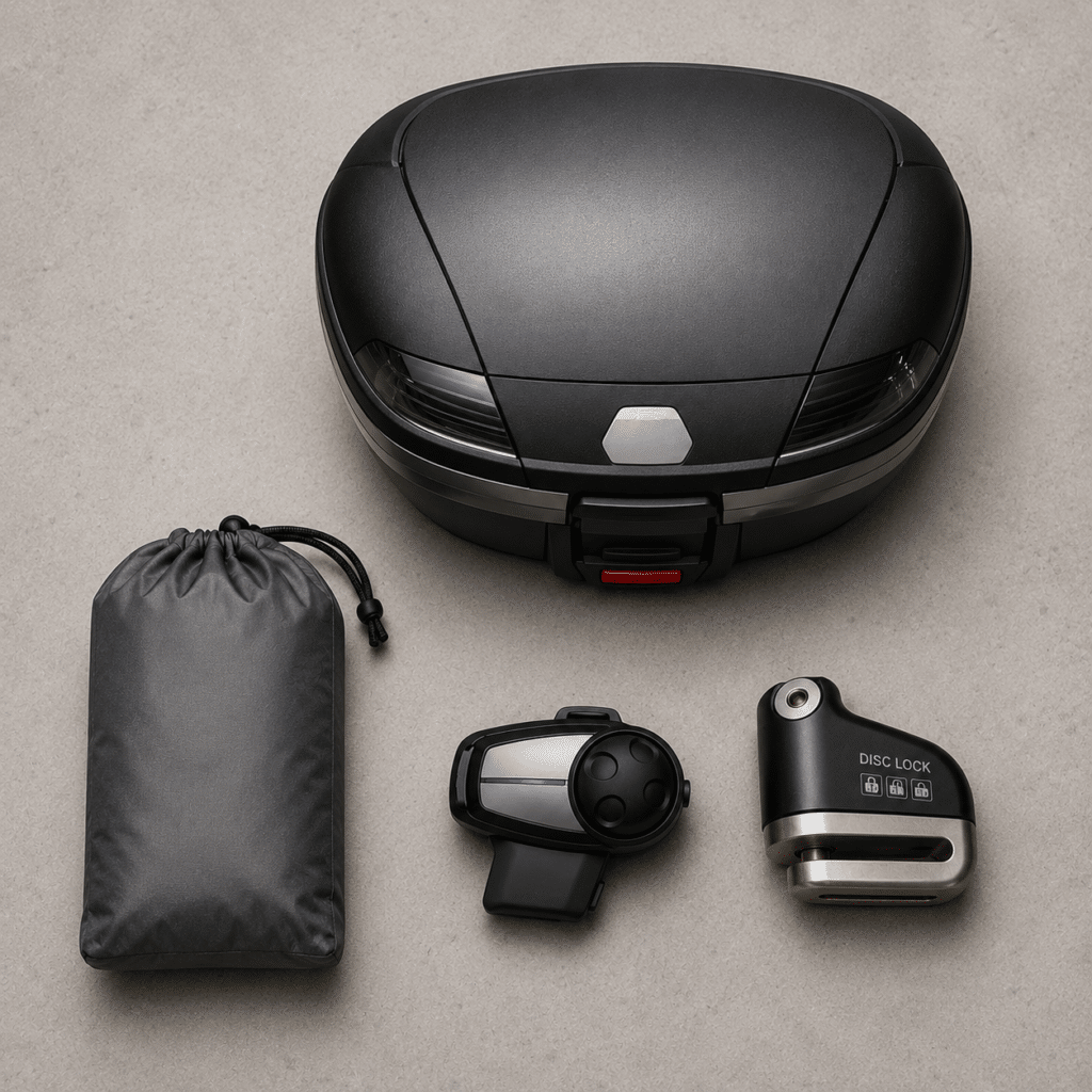 flat lay of essential daily commuter motorcycle accessories arranged on a clean workshop surface
