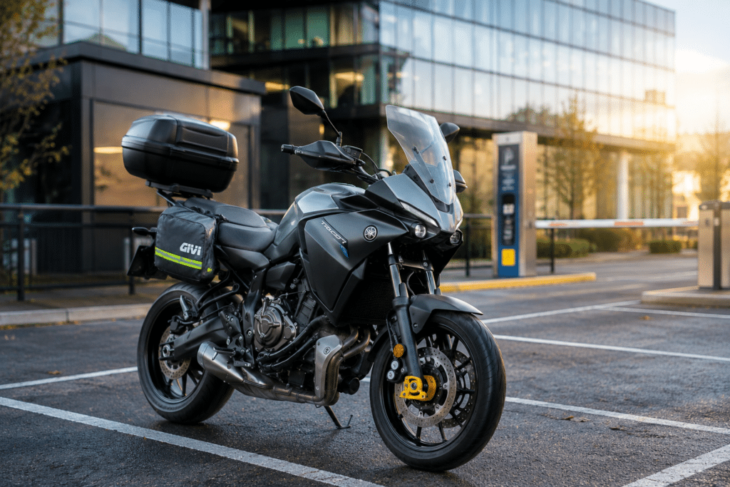photorealistic, motorcycle parked in a secure company parking lot, top case mounted, disc lock visible on front wheel, rain jacket folded in a bag attached to the rack, urban professional setting, suggesting end of a successful daily commute, clean modern office building in soft background, no rider, no watermark