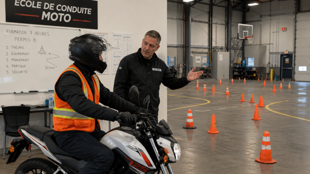 motorcycle training school interior, adult student in safety gear on a small 125cc