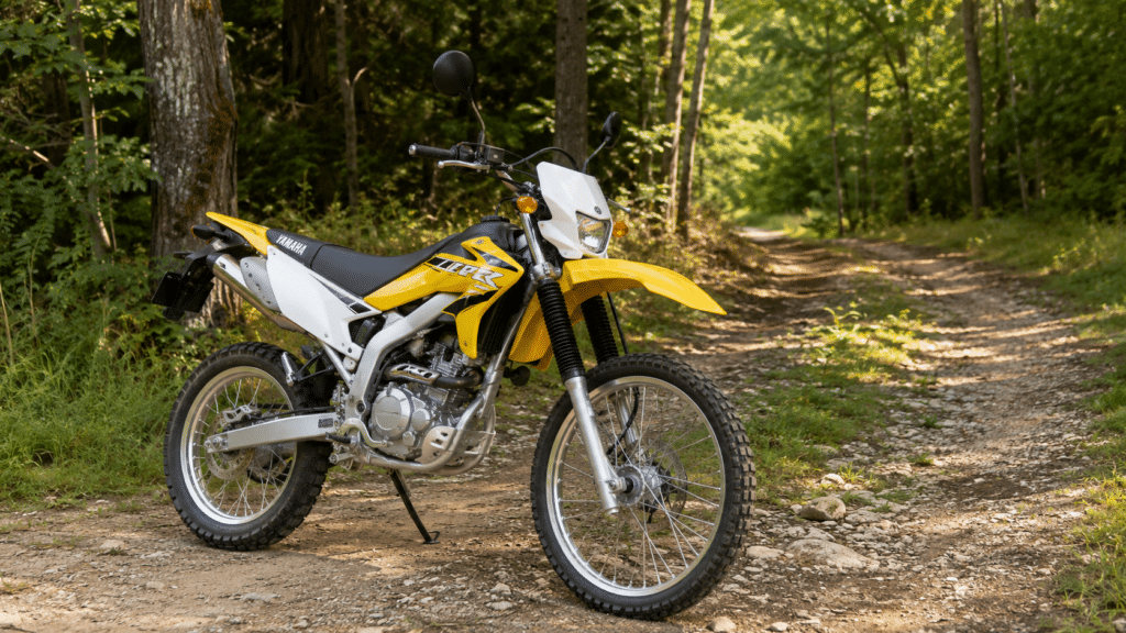 Yamaha WR125R trail motorcycle in yellow and white parked on a forest trail entrance