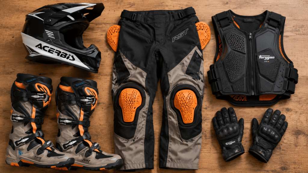 trail motorcycle equipment flat lay