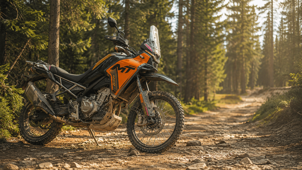 CFMoto 450MT in vibrant orange and black parked