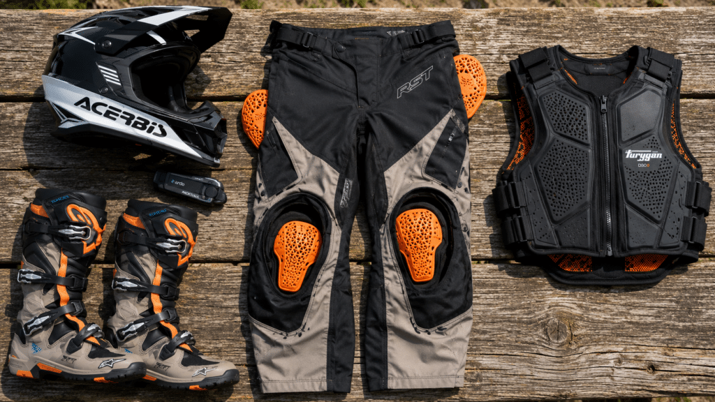 flat lay overhead shot of essential trail motorcycle