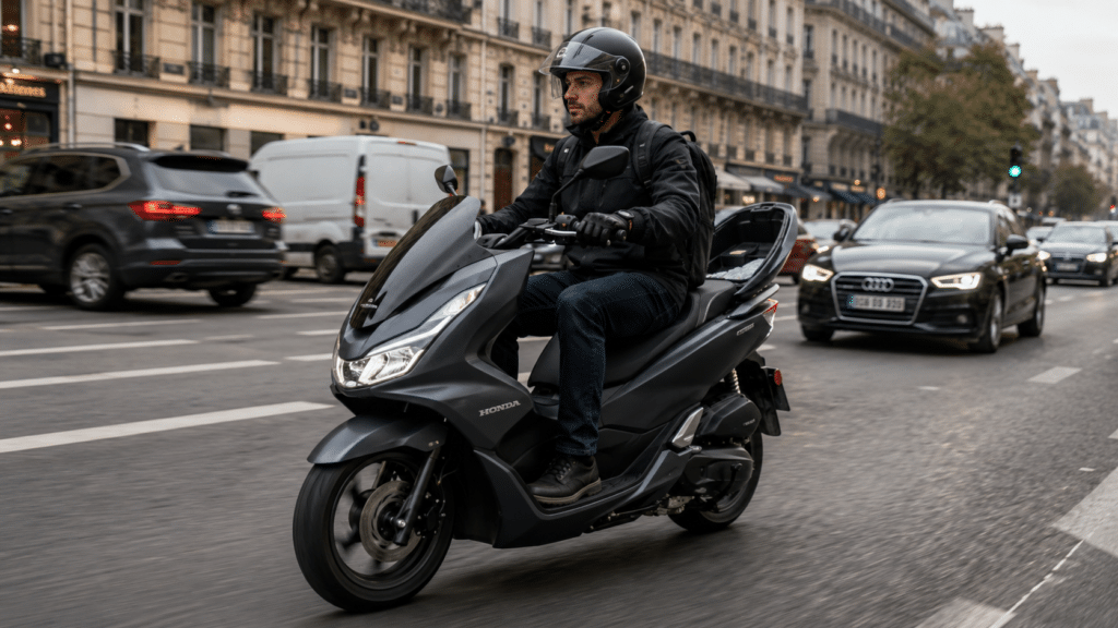modern 125cc scooter (Honda PCX or similar) weaving through Paris traffic