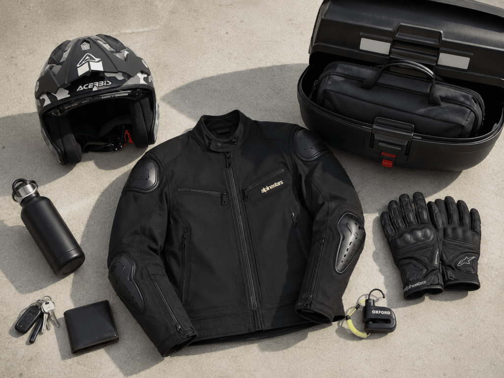 urban motorcycle commuter equipment flat lay on a clean concrete surface